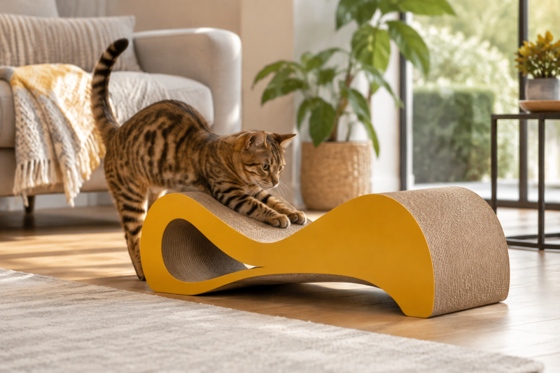 Katze erkundet neues Kratzmöbel mit Spielzeug und vertrautem Duft
