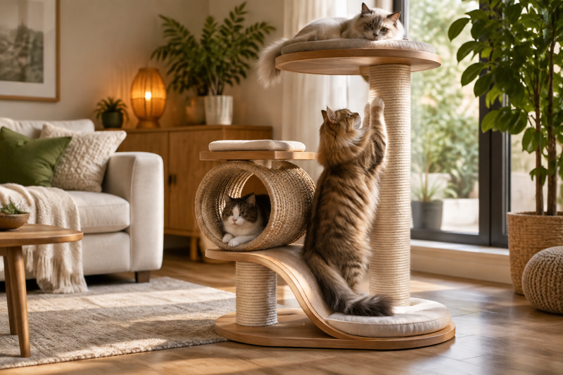 Katze nutzt hochwertiges Kratzmöbel zum Kratzen, Klettern und Ausruhen